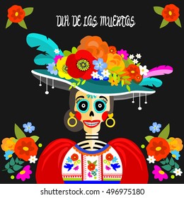 Dressed skull. Dia de Los Muertos greeting or invitation card for the Mexican Day of the Dead. 