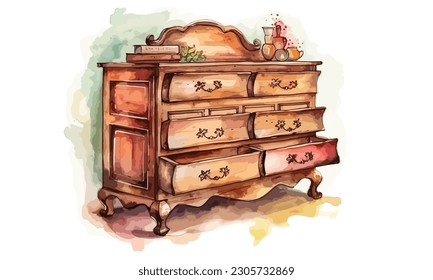 Dresser or chest of drawers watercolor painting Abstract background.