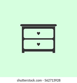 Dresser with drawers icon flat. Grey vector symbol on green background