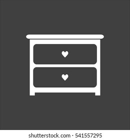 Dresser with drawers icon flat. Vector white illustration isolated on black background. Flat symbol