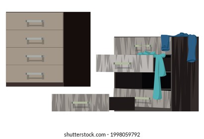 Dresser is new and old, whole and varnol. Vector illustration, flat.