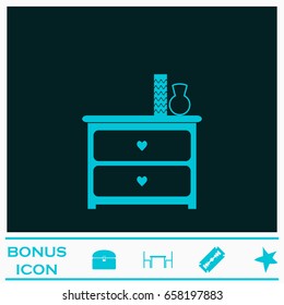 Dresser with vases icon flat. Blue pictogram on dark background. Vector illustration symbol and bonus icons