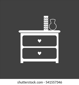 Dresser with vases icon flat. Vector white illustration isolated on black background. Flat symbol