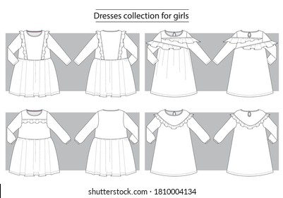 Dresses with frills collection basic set of technical sketches for girls