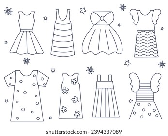 Dresses for girls doodle sketch style set. Collection of women's clothing clip art. Hand drawn silhouette of female garment. Ink line baby clothes, isolated vector illustration