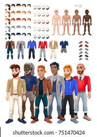 Dresses and hairstyles game with male avatar. Vector illustration, isolated interchangeable objects. 
