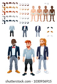 Dresses and hairstyles game with male avatars. Vector illustration, isolated interchangeable objects. 
