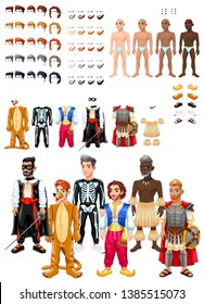 Dresses and hairstyles game with male avatars. Vector illustration, isolated interchangeable objects. 
