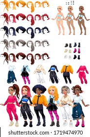 Dresses and hairstyles game. Vector illustration, isolated objects. 6 hairstyles with 5 colors each one, 6 different dresses, 5 eyes colors, 6 shoes.
