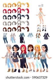 Dresses and hairstyles game. Vector illustration, isolated objects. 6 hairstyles with 5 colors each one, 6 different dresses, 5 eyes colors, 6 shoes.
