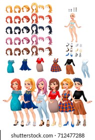 Dresses and hairstyles game. Vector illustration, isolated objects. 6 hairstyles with 5 colors each one, 6 different dresses, 5 eyes colors, 6 shoes.
