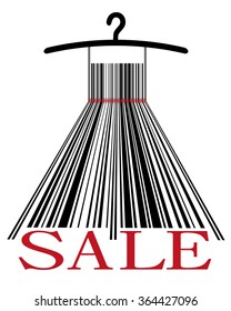 Dresses made from bar-code with red label SALE and red laser on hanger