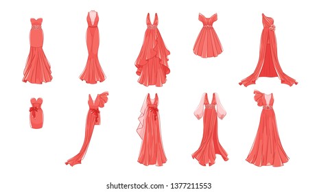 Dresses for prom, gala evening, wedding, masquerade, points. Set of different dresses. Modern and classic style.