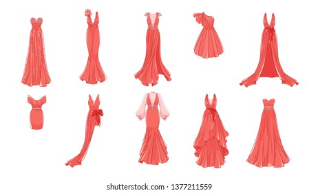 Dresses for prom, gala evening, wedding, masquerade, points. Set of different dresses. Modern and classic style.