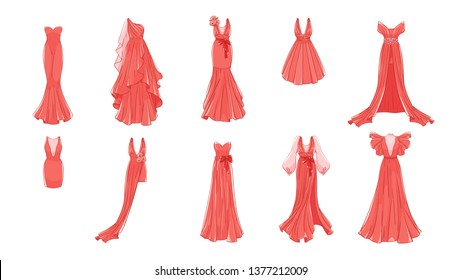 Dresses for prom, gala evening, wedding, masquerade, points. Set of different dresses. Modern and classic style.