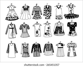 Dresses Set. hand drawing sketch. Black and white graphic