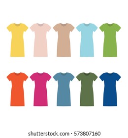 Dresses in trendy colors. Primrose yellow, pale dogwood, hazelnut, island paradise, greenery, flame, pink yarrow, niagara, kale, blue. Vector illustration, isolated on a white background.