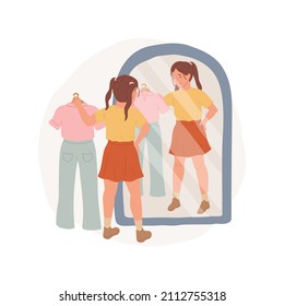 Dressing up abstract concept vector illustration. Girl dressing up for school in the morning, trying on clothes in front of mirror, people daily routine, kid going to study abstract metaphor.