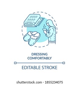 Dressing comfortably concept icon. Hygge fashion idea thin line illustration. Top bulky style. Bulky chunky sweater. Hygge-filled life. Vector isolated outline RGB color drawing. Editable stroke