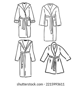 dressing gown, bathrobe fashion flat sketch vector illustration unisex self belt bathrobe template isolated illustration on white background. CAD mockup.
