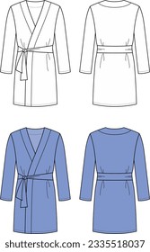 Dressing gown flat sketch. Bathrobe apparel design. Front and back. Men CAD mockup. Fashion technical drawing template. Vector illustration.