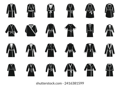 Vestir los iconos de los gown establece un vector simple. Cansancio de Bathrobe. Baño termal para personas