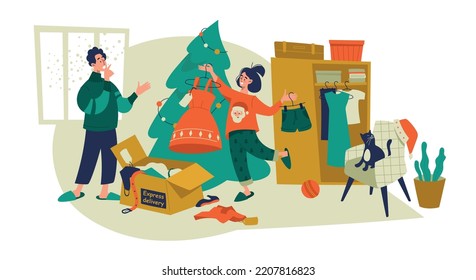 Dressing up for the holiday. The girl received a delivery with clothes. Family in the interior of the apartment. Preparation for the new year. Vector image.