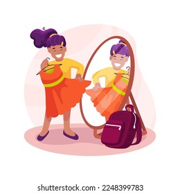 Dressing up isolated cartoon vector illustration. Girl dressing up for school in the morning, trying on clothes in front of mirror, people daily routine, kid going to study vector cartoon.