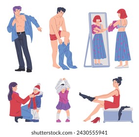 Dressing people set. Men and women put on and change clothes. Mother help son to tie scarf. Various characters getting dressed, pull on garment. Flat vector illustration concept collection.