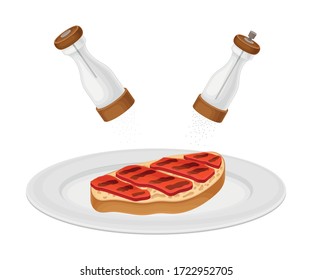 Dressing of Roasted Toast Bread Slice with Meat Rested on Plate as Bruschetta Preparation Vector Illustration