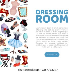 Dressing Room Banner Design with Stage Costume and Makeup Vector Template