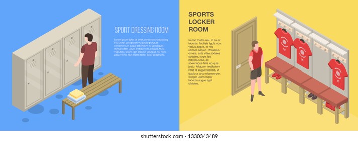 Dressing room banner set. Isometric set of dressing room vector banner for web design