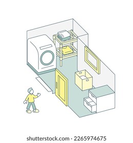 A dressing room in a house.
A space where the washing machine and clothes are kept.