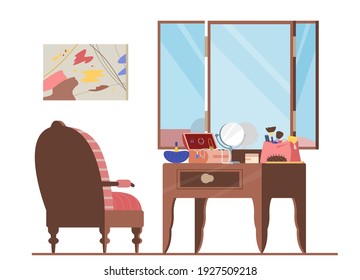 Ilustración de vectores planos interiores de la sala de vestir. Sillón Y Mesa De Vestir Con Bolsa Cosmética, Espejo, Joyería, Cepillos De Maquillaje, Perfume. Accesorios de belleza para mujeres.