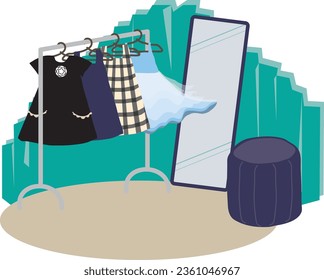 Dressing room interior,wardrobe with fashion lady clothes. Modern showroom design with closet,mirror,chair flat cartoon vector illustration. Fitting room with shelves for department store,luxury shop.