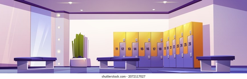 Dressing Room With Lockers In School Or Gym, Empty Interior With Metal Cabinets, Floor-to-ceiling Mirror, Benches And Illumination. Hallway Storage For Changing Clothes, Cartoon Vector Illustration