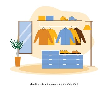 Dressing room with a modern concept, minimalist furniture, clothes and accessories arranged neatly, potted ornamental plants next to a long mirror, interior vector illustration.