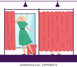 Dressing room people try clothes concept. Vector graphic design illustration
