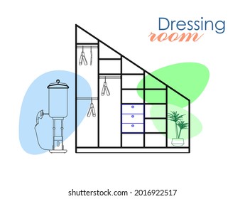 Sala de vestir, armario con vapor vertical y cremallera. Ilustración gráfica. Dibujo.