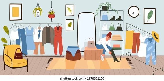 Dressing room. Woman puts on or tries clothes. Comfortable apartment with rack for garments and shelves shoes or fashion accessories. Mirror and soft armchair. Vector clothing storage