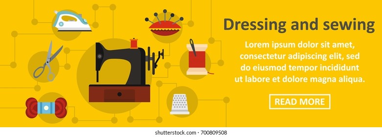 Dressing and sewing banner horizontal concept. Flat illustration of dressing and sewing banner horizontal vector concept for web
