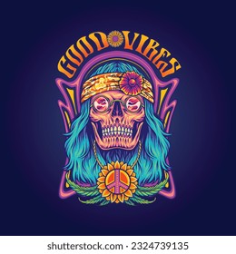 Dressing skull bohemian style hippie culture illustrations vector illustrations for your work logo, merchandise t-shirt, stickers and label designs, poster, greeting cards advertising business 