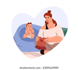 Vestir una pequeña escena infantil. Mamá trata de vestir con elegancia para el recién nacido. Atención y preocupación por el bebé, ilustración vectorial plana aislada en fondo blanco.