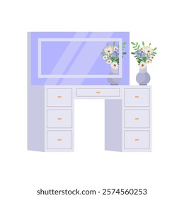 Dressing table with a bouquet in a vase on an isolated background. Vector illustration in a flat style