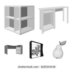 Dressing table, corner shelves, computer desk, wardrobe with glass. Bedroom furniture set collection icons in monochrome style vector symbol stock illustration web.