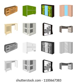 Dressing table, corner shelves, computer desk, wardrobe with glass. Bedroom furniture set collection icons in cartoon,monochrome style vector symbol stock illustration web.