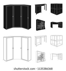Dressing table, corner shelves, computer desk, wardrobe with glass. Bedroom furniture set collection icons in black,outline style vector symbol stock illustration web.