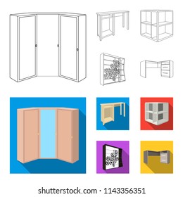 Dressing table, corner shelves, computer desk, wardrobe with glass. Bedroom furniture set collection icons in outline,flat style vector symbol stock illustration web.