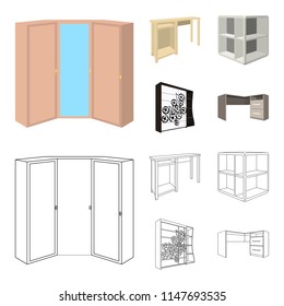 Dressing table, corner shelves, computer desk, wardrobe with glass. Bedroom furniture set collection icons in cartoon,outline style vector symbol stock illustration web.