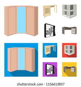 Dressing table, corner shelves, computer desk, wardrobe with glass. Bedroom furniture set collection icons in cartoon,flat style vector symbol stock illustration web.